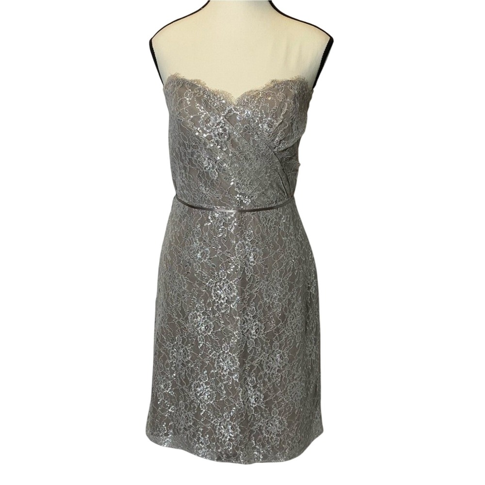 Alvina Valenta Maids Women's Lace Overlay Strapless Dress Size 10 Beige‎ Silver